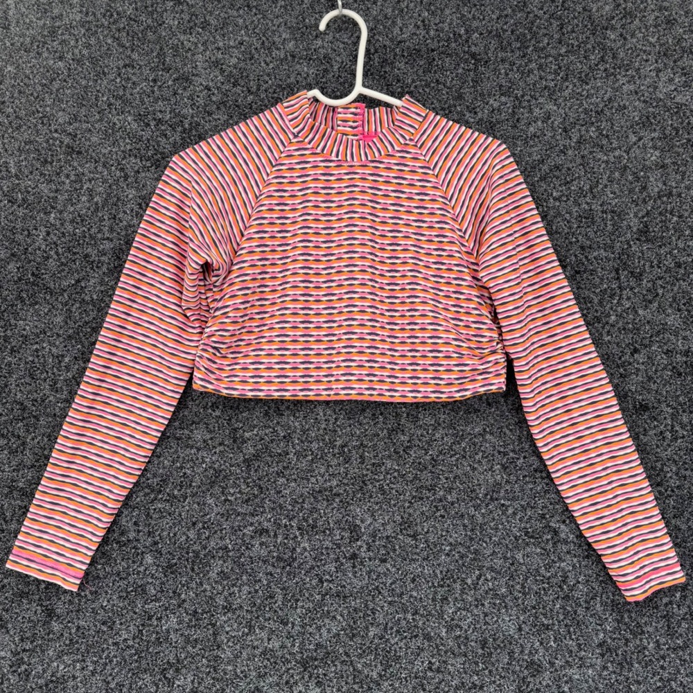Athleta Womens Pink Orange Striped Long Sleeve Crop Rash Guard Swim Top Medium